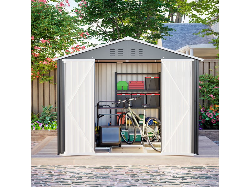  Abri de jardin en métal 8 x 6 ft, 240,4 x 192,3 x 191 cm, rangement extérieur avec double porte verrouillable et ventilation, gris Luxe haut de gamme - Conforama E