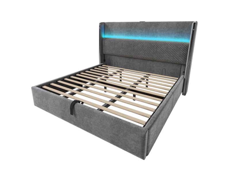 Lit coffre 180x200cm, lit double avec led, tête de lit en lin gris, usb type-c, bois, métal, matelas non inclus - Conforama E