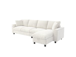 Canapé d'angle réversible 4 places en tissu chenille, avec grand coffre de rangement, table rabattable et ports usb, pour salon, beige
