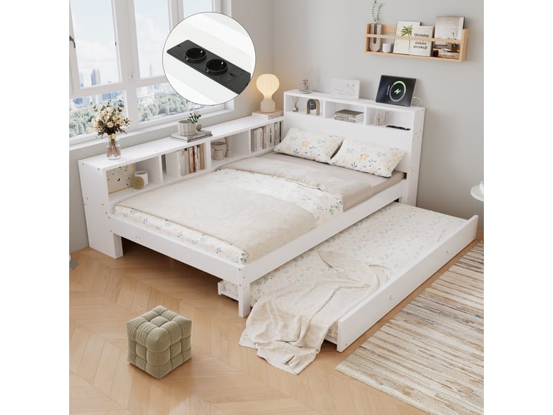  Lit gigogne 120x200cm - avec lit gigogne 90x190 en bois avec tiroir , rangement, étagères, prises - blanc  - Conforama C