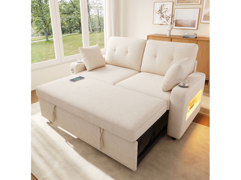  Canapé convertible 2 places modenvie beige en chenille avec led, ports usb et type-c, rangements, porte-gobelets et 2 coussins 141,5 x 131 x 83,5 cm  - Conforama E