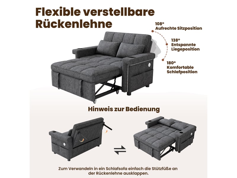  Canapé convertible 2 places tissu chenille gris avec éclairage led et ports usb  - Conforama D