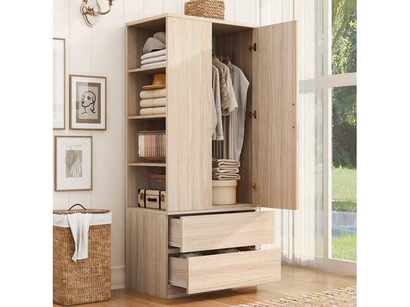  Armoire avec penderie, étagères ouvertes et 2 tiroirs, 70x50x175 cm  - Conforama B
