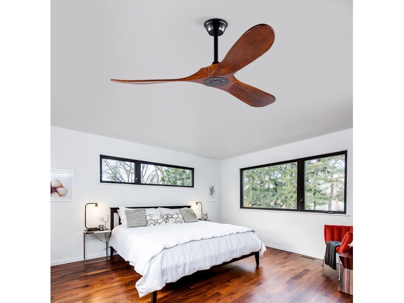 Ventilateur de plafond 132x132x32 cm 3 pales, télécommande, fonction mémoire, moteur dc réversible silencieux, métal bois, noir et noyer foncé - Conforama C