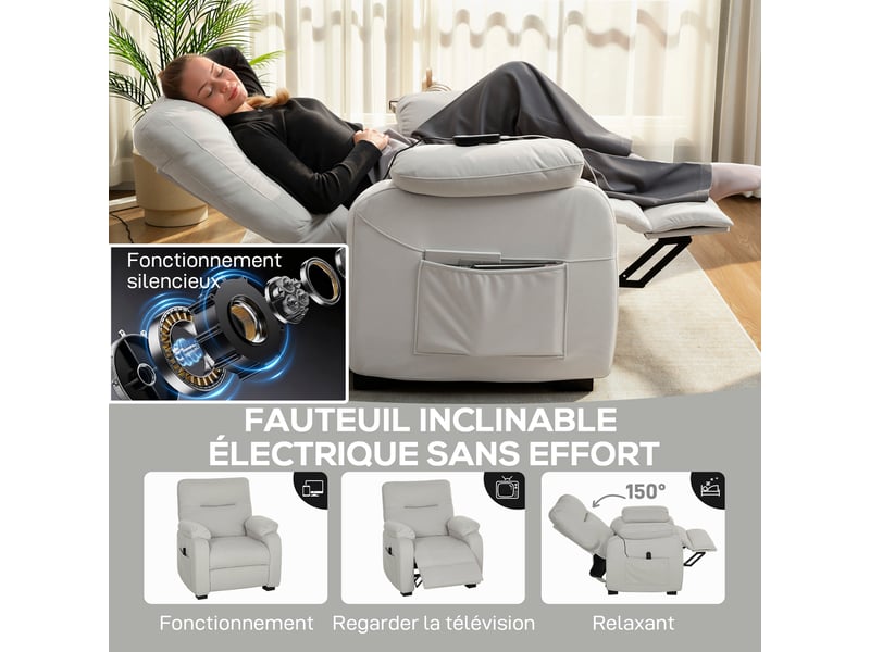  Fauteuil relax électrique fauteuil inclinable port usb repose-pieds poches latérales télécommande 96x90x103cm crème  - Conforama D