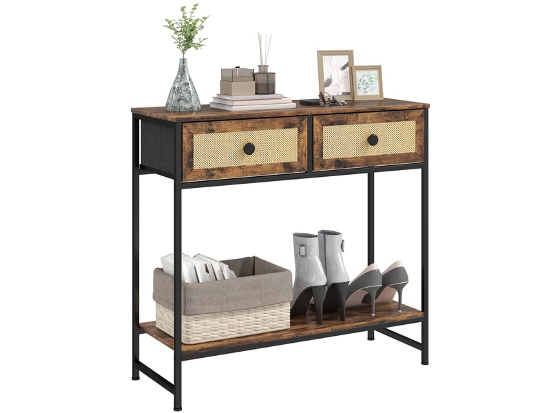  Console en rotin avec étagère ouverte et 2 tiroirs frontaux, 80 x 30 x 75 cm, couleur marron rustique  - Conforama A