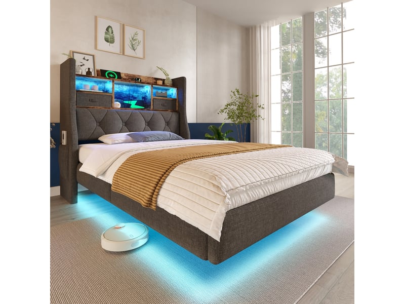  Lit simple 90x200 cm led et station de charge en lin gris  - Conforama C