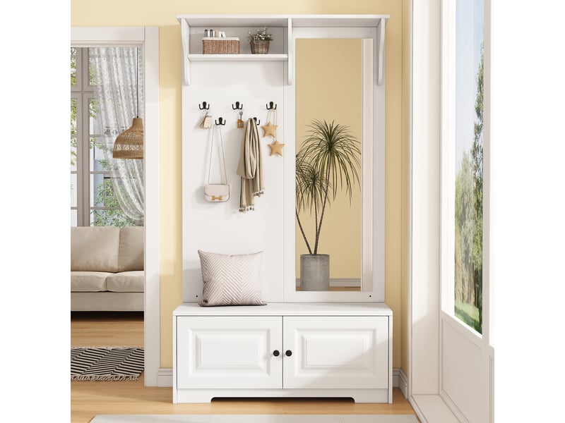  Penderie mobile - armoire (n625p338341342w) 100 x 40 x 180 cm avec miroir, 5 patères, 2 placards et une étagère, blanc  - Conforama A