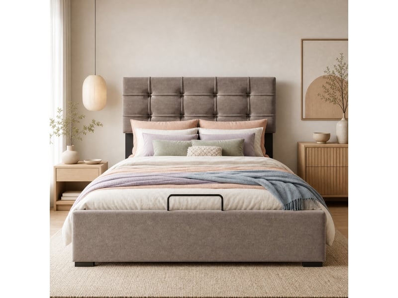  Lit coffre 140 x 200 cm gris clair en velours avec matelas et tête de lit réglable  - Conforama D