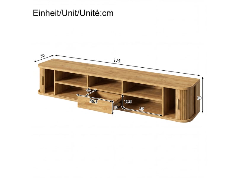  Meuble tv 175x30x30 cm, suspendu, extensible, éclairage led, commande par application, 1 tiroir, mdf pour salon - naturel  - Conforama C