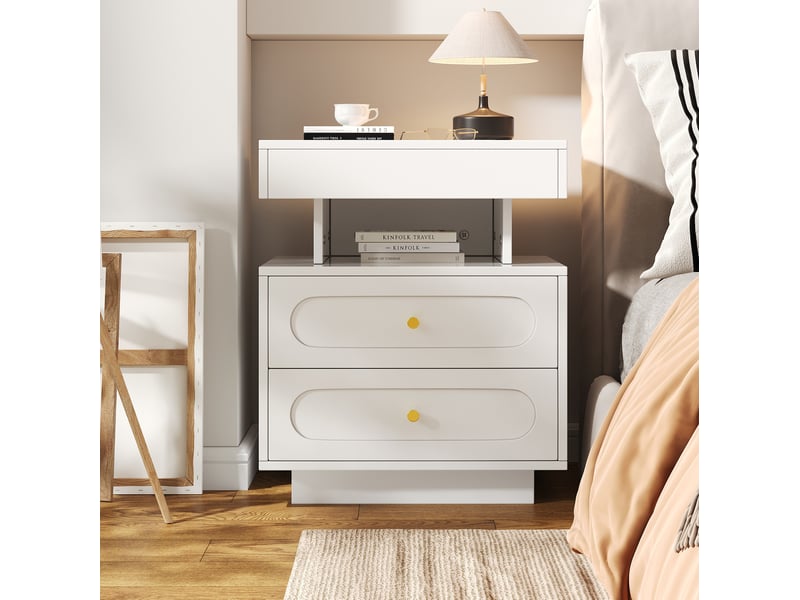  Chevet 50x40x60 cm, 2 tiroirs, led, design élégance, moderne, design simple, rangement, panneau de particules, blanc  - Conforama E