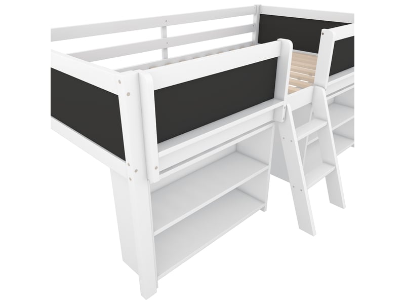  Lit mi-hauteur enfant 90 x 200 cm avec étagères et tableau à dessin, structure en pin et mdf, blanc  - Conforama R