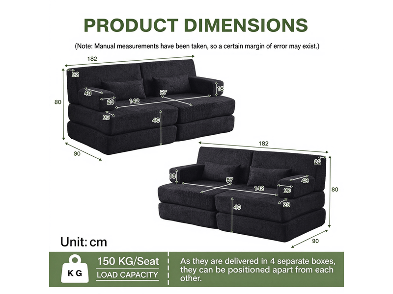 Canapé 4 place convertible en chenille, 2-en-1, dossier surélevé, cadre en fer, livré compressé, sans outil - Conforama C