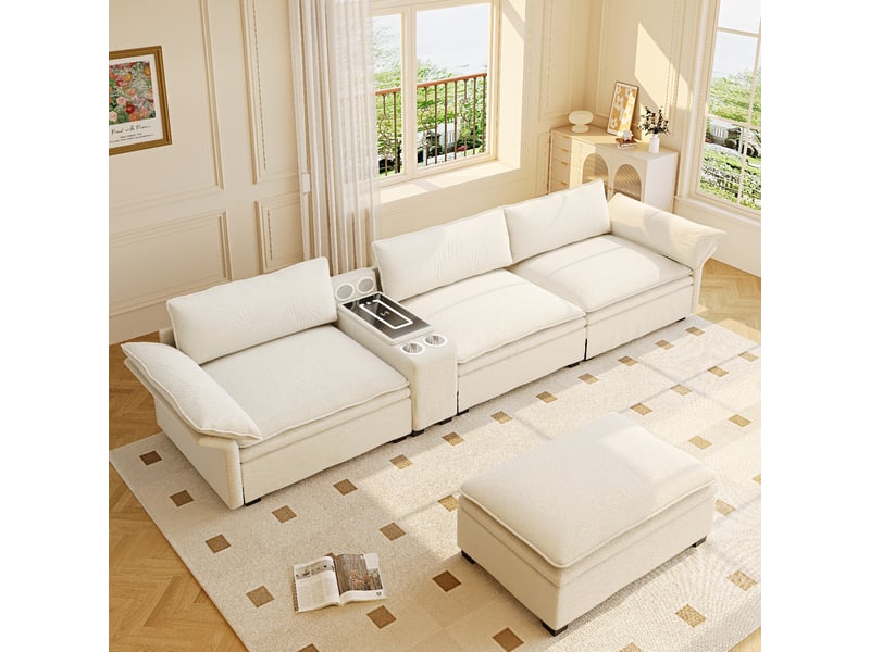 Canapé modulable en chenille 4 places beige avec pouf - chargeur sans fil, led et enceinte bluetooth - Conforama W