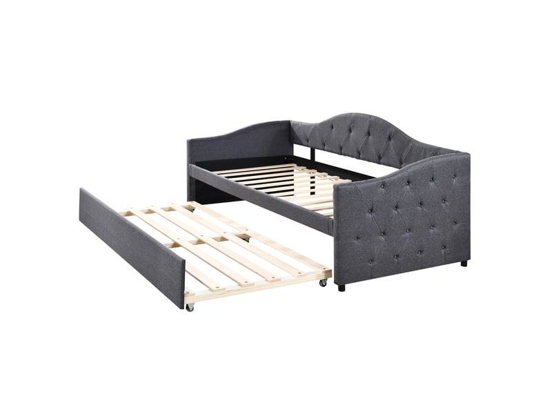  Lit banquette 90x200 avec lit gigogne, canapé lit en lin gris, structure mdf, lit simple gris pour chambre d'amis  - Conforama R