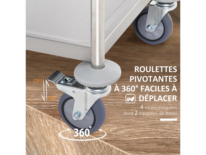 Chariot de service desserte de cuisine à roulettes 2 étagères 80l x 45l x 82h cm inox acier. Chromé - Conforama E