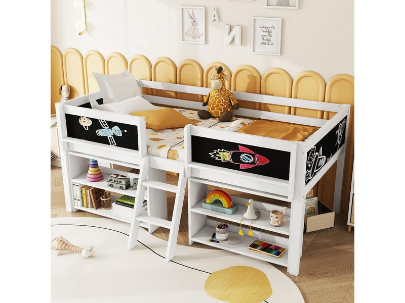  Lit simple 90×200 cm avec plusieurs étagères de rangement, lit enfant avec balustrade et échelle, cadre de lit en bois de pin, blanc  - Conforama E
