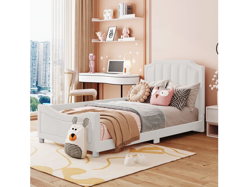 Lit enfant rembourré 90x200 cm en flanelle beige avec dossier  - Conforama B