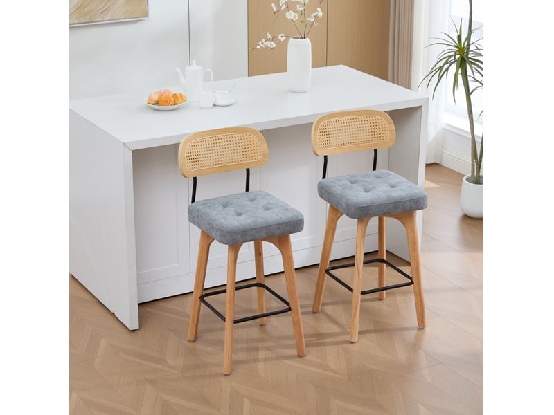  Lot de 2 tabourets de bar pivotants 360° gris en tissu, dossier en paille et assise rembourrée confortable  - Conforama B