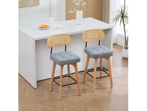 Lot de 2 tabourets de bar pivotants 360° gris en tissu, dossier en paille et assise rembourrée confortable