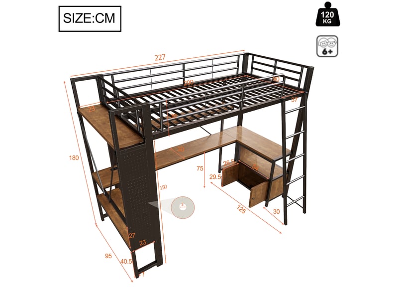  Lit mezzanine 90 x 200 cm, structure métal, led, bureau, étagères, panneau perforé, usb, sans matelas, noir  - Conforama B