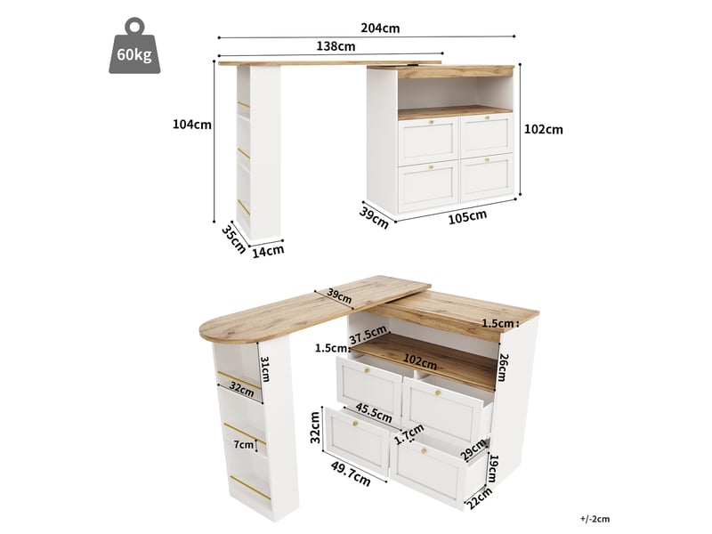  Table haute modulable pivotante à 360° avec 4 tiroirs et étagères, blanche  - Conforama C