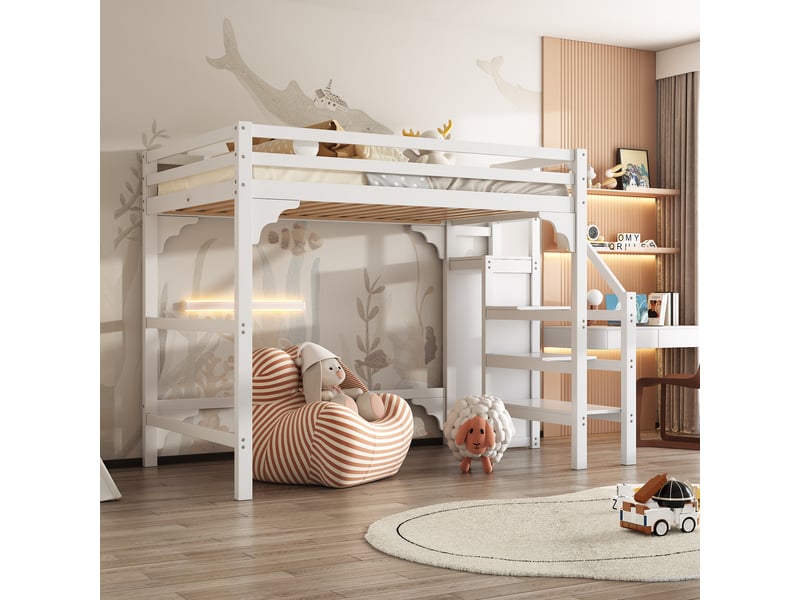 Lit mezzanine avec armoire et escalier, structure en pin et mdf blanc, couchage 140 x 200 cm - Conforama D