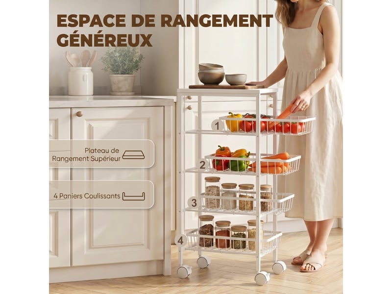  Desserte à roulettes 4 paniers coulissants métal et bois blanc 40 x 24 x 82 cm  - Conforama D