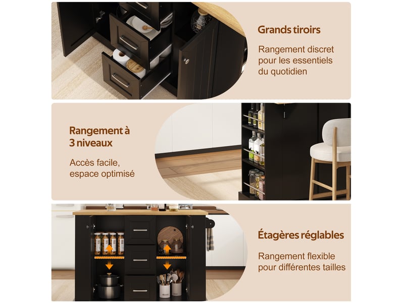  Îlot de cuisine 120x4570x90 cm pliable avec 3 tiroirs noir  - Conforama E