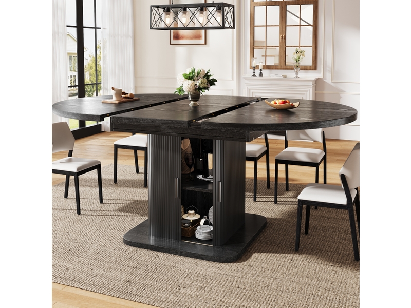 Table de salle à manger extensible ovale avec meuble de rangement à portes coulissantes, noire, pour salle à manger - Conforama C