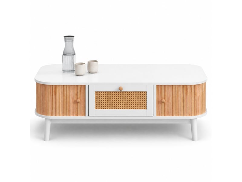  Table basse avec tiroirs et portes coulissantes pour salon en mdf 110×55×38,5 cm blanc et bois  - Conforama A