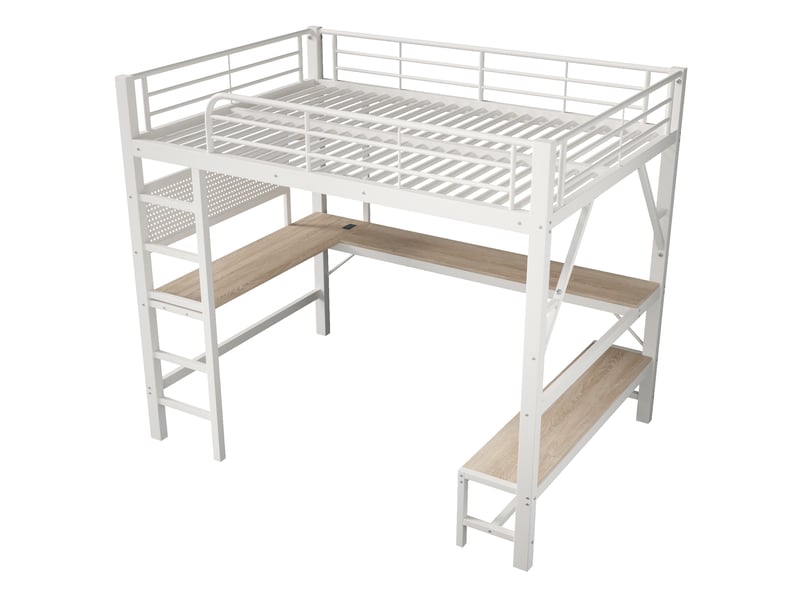  Lit mezzanine 160x200 cm blanc en métal et mdf, bureau, rangements, led et ports usb type-c intégrés  - Conforama D