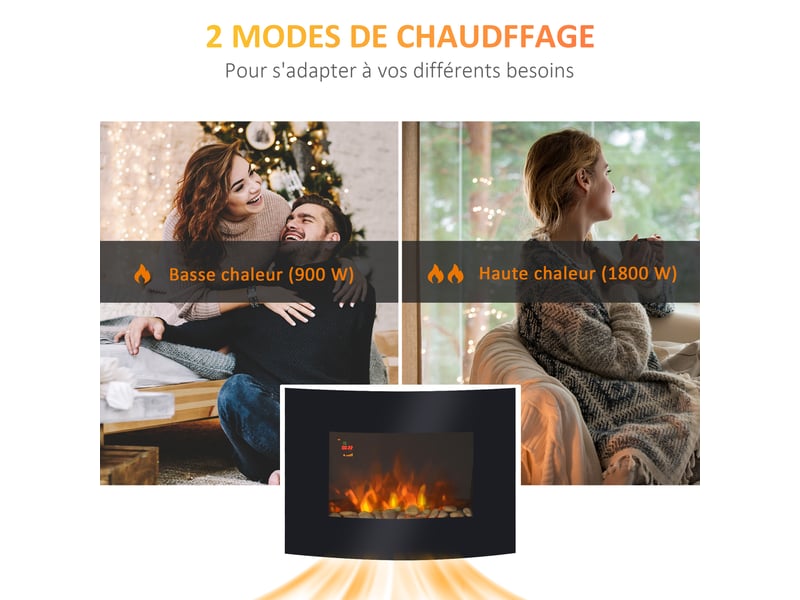  Cheminée électrique murale éclairages latéraux led design avant-gardiste affichage led avec télécommande et minuterie 9001800 w luminosité réglable noir  - Conforama D