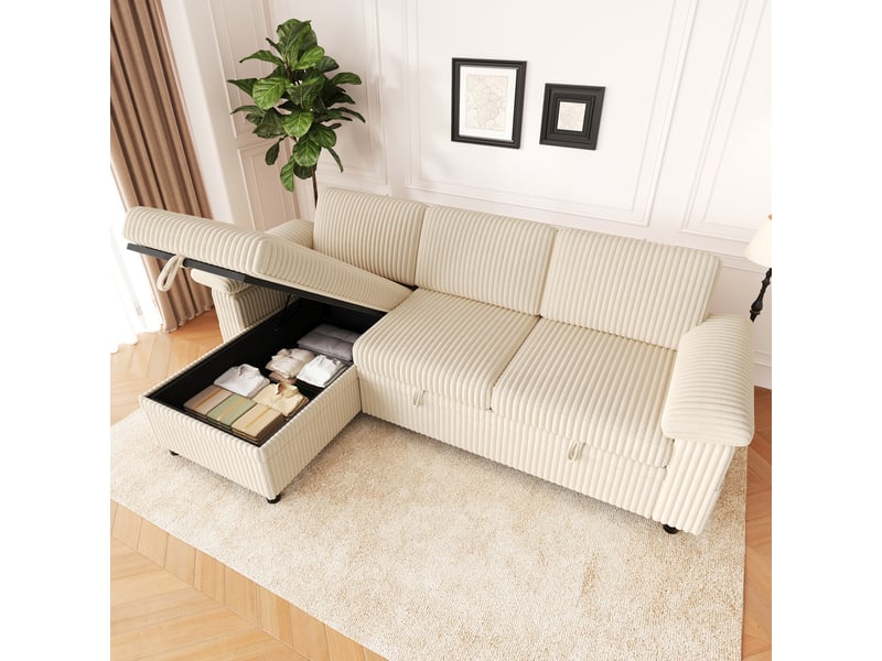 Canapé d'angle convertible, velours côtelé beige 3 places, lit avec coffre de rangement et ports usb pour salon et chambre d'amis - Conforama D