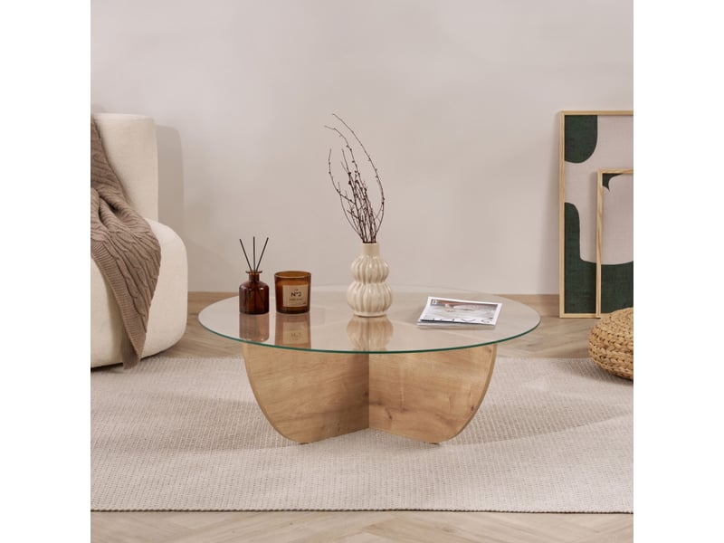  Table basse de salon en verre trempé et bois mdf mélaminé chêne saphir 90 x 90 x 30 cm  - Conforama D