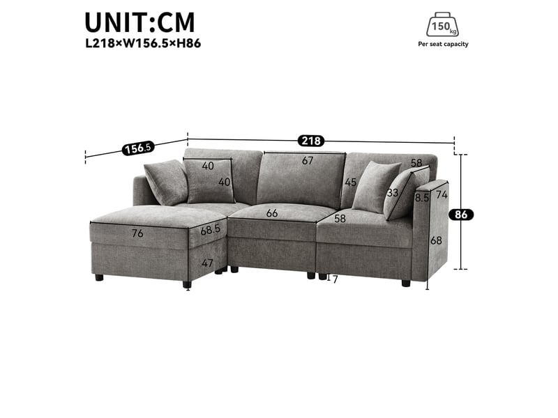  Canapé d’angle 4 places gris en velours côtelé, pouf mobile et accoudoirs réglables pour votre salon  - Conforama C