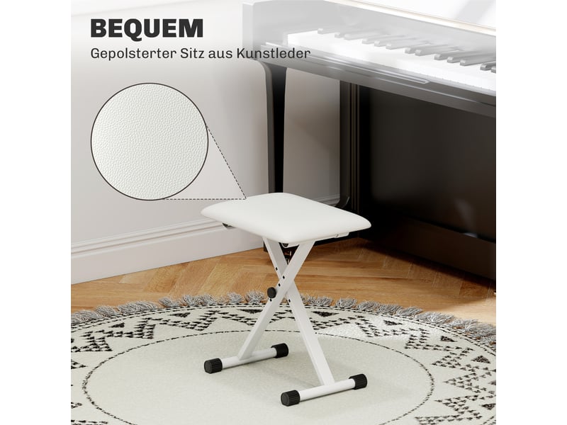  Tabouret de piano blanc pliable en forme de x avec coussin en similicuir dimensions 39 x 29 x 37-47 cm  - Conforama E
