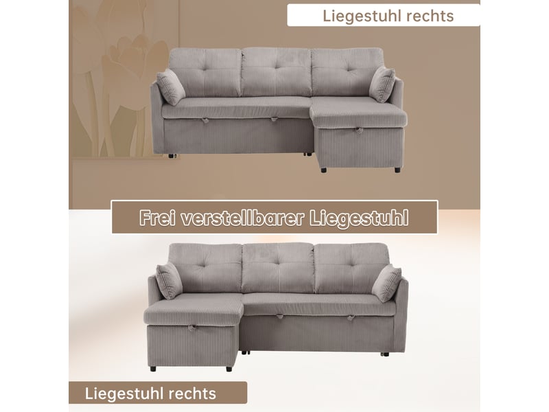  Canapé d'angle convertible 3 places,206x108x66cm,canapé-lit 3 places envelours côtelé avec lit gigogne,méridienne réversible rangement,gris clair  - Conforama E
