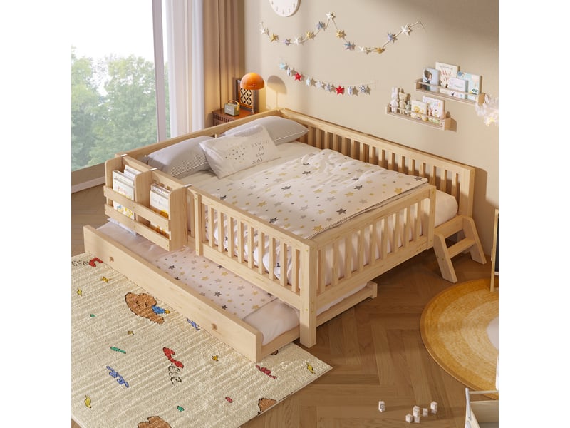 Lit gigogne enfant 140x200 cm avec couchage 90x190 cm, barrières de sécurité et rangement, structure en pin et mdf, naturel OPULERANE TRADING LTD - Conforama B