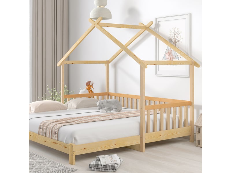  Lit cabane extensible enfant 200x90cm &amp; 200x180cm en bois massif naturel, convertible simpledouble  - Conforama D