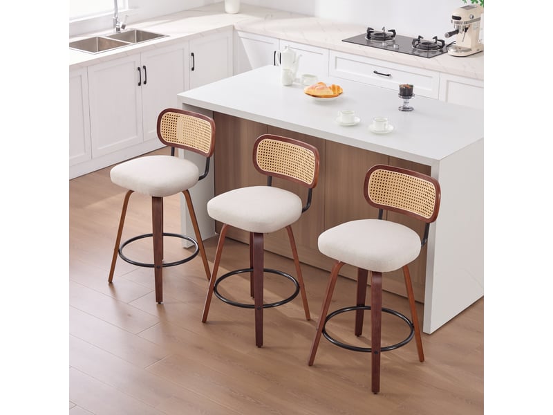 Tabourets de bar pivotants sw3766bg beige 26 lot de 3 avec dossier rotin et cadre noyer - Conforama B