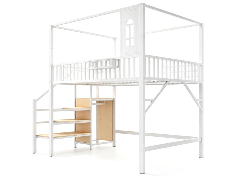 Lit mezzanine 140x200 cm en métal - échelle avec rangements - espace sous lit 135 cm - structure toit - blanc - Conforama R