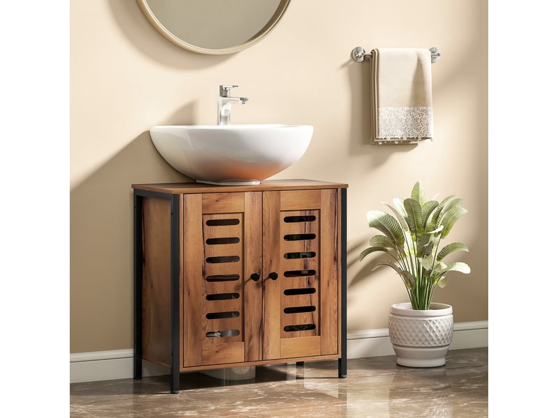  Meuble sous-évier industriel avec 2 portes à lattes à fermeture magnétique et étagère réglable, 60 x 30 x 60 cm, marron rustique  - Conforama C