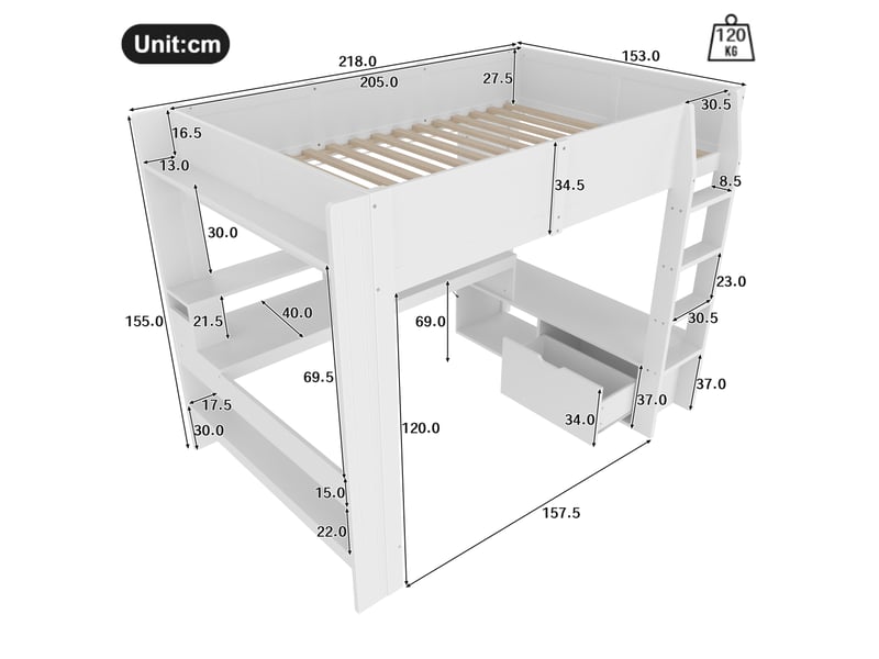  Lit mezzanine 140x200cm coloris blanc led pin lit enfant blanc - Conforama C