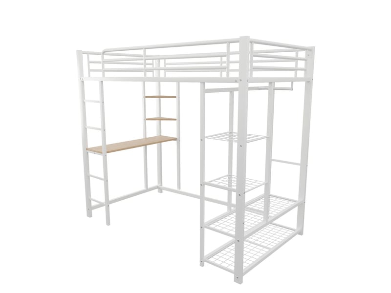 Lit mezzanine 90x200 cm avec bureau et penderie - lit simple - étagères, métal blanc robuste, design moderne, gain de place - Conforama A