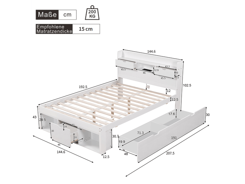  Lit enfant 140x190 cm, lit multifonction avec rangement, tiroirs et placard intégré, usb et type-c, bois blanc Radiant Stride - Conforama C