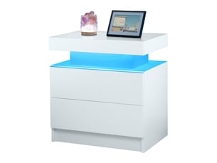 Table de chevet led blanche, 2 tiroirs, design moderne