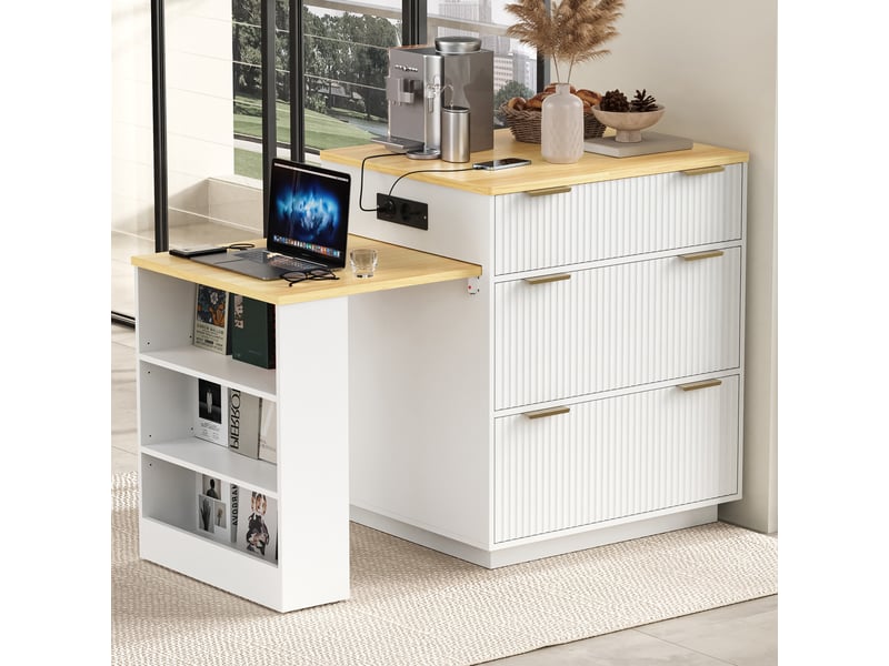  Îlot de cuisine à roulettes avec table extensible, led, étagères réglables, prises et tiroirs, blanc Jamama eleni - Conforama D