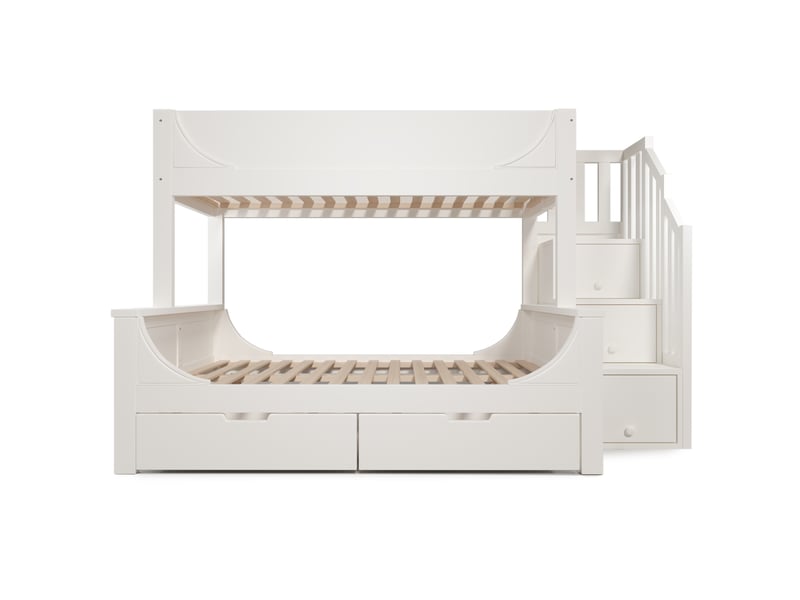  Lit superposé enfant  90140x200 cm- lit 3 places - design traîneau - armoire-échelle - grands tiroirs - garde-corps -  blanc  - Conforama A