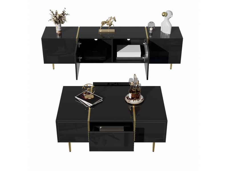  Ensemble meuble tv et table basse modenvie noir brillant avec rangement 170 x 35 x 46 cm et 100 x 60 x 41,5 cm  - Conforama A